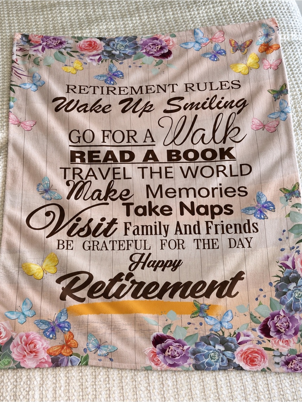 Coolim - Happy Retirement Blanket Throw - Floral & Butterfly Design (Pink)